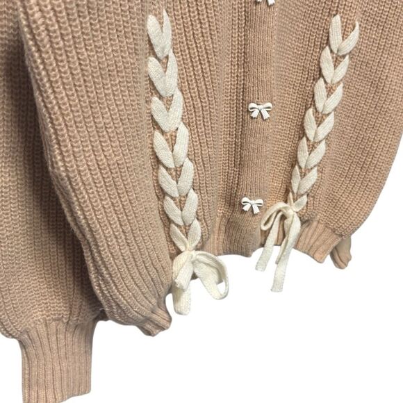 Davi & Dani Tan Lace-Up Ribbon Bow Button Down Cardigan Size Large NWT - Picture 7 of 12